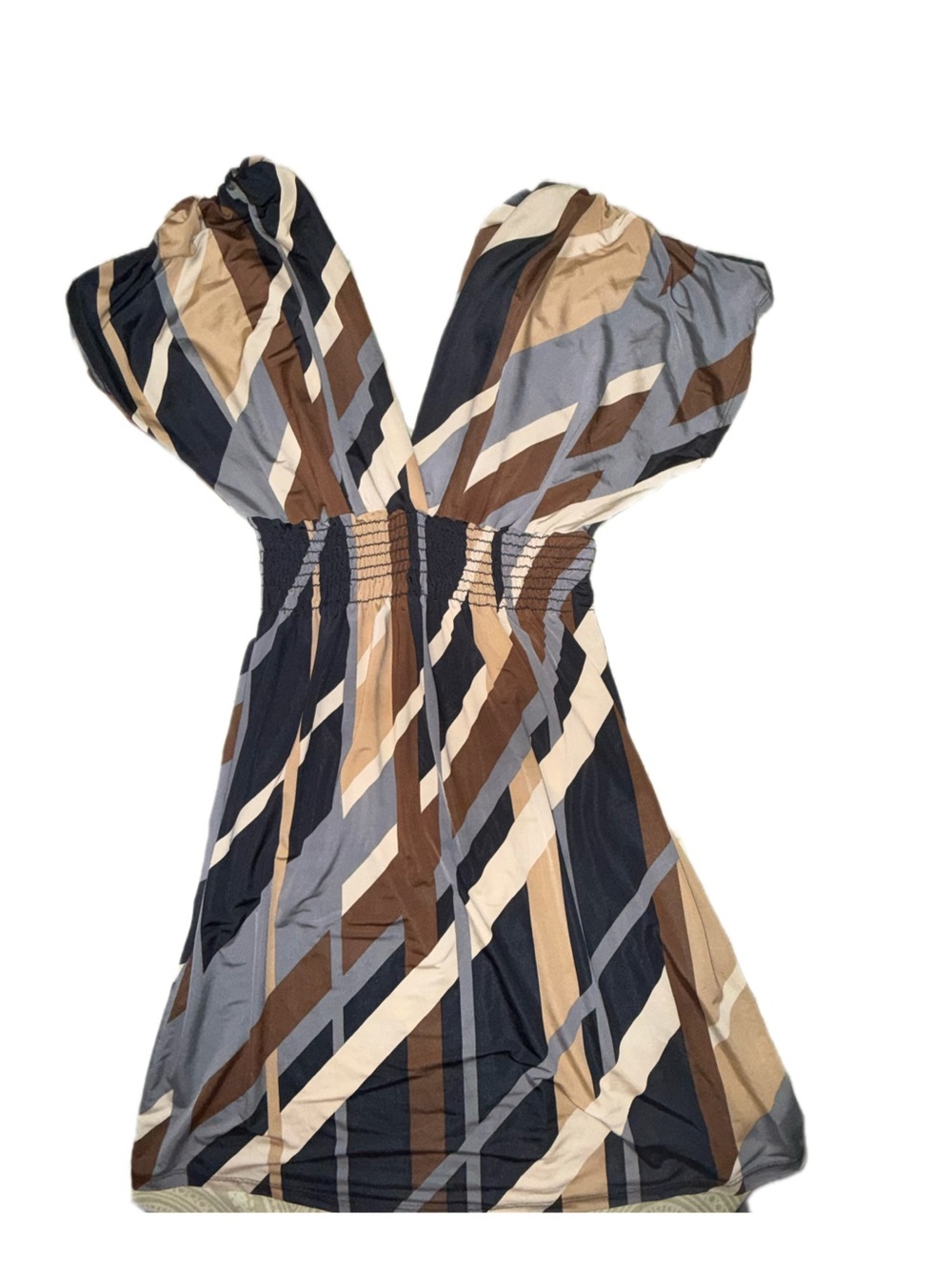 Retro Abstract Geometric Striped Smocked Midi V-Neck Dress in Blue Brown Gold